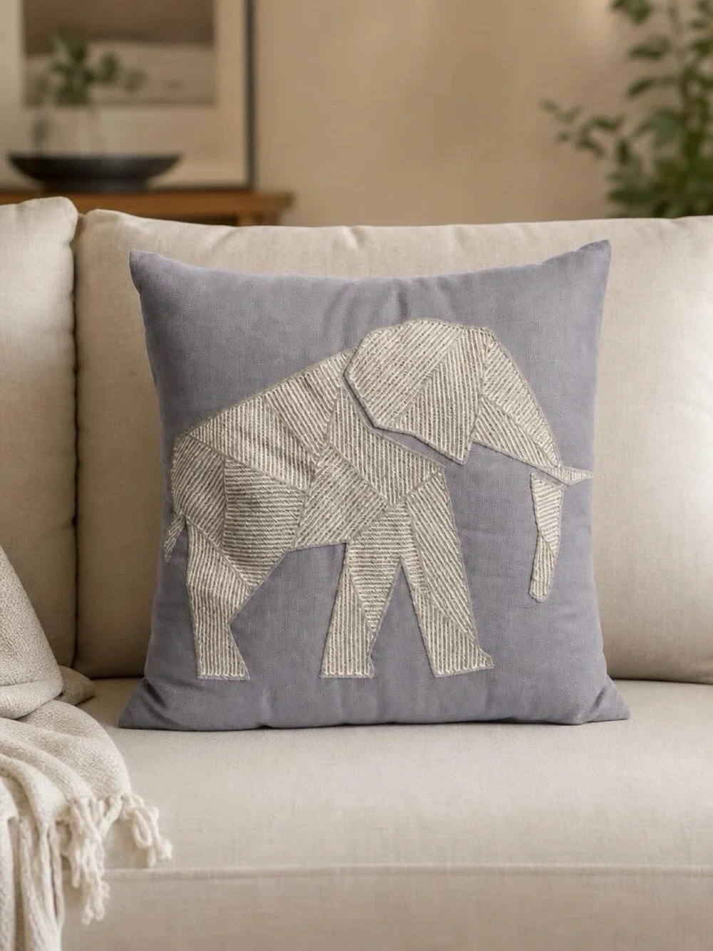 Brooklyn Loom Gray Elephant Throw Pillow Geometric Applique Decorative Accent